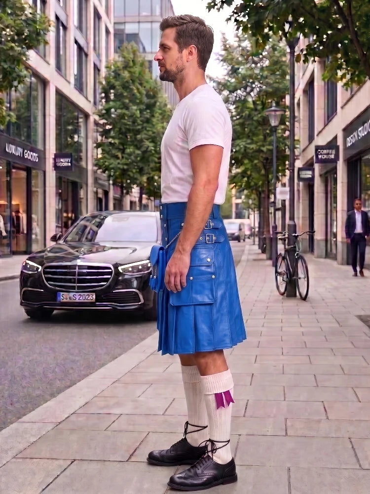 A man standing on a city sidewalk wearing a bright blue leather kilt, white t-shirt, white knee-high socks, and black leather shoes, with a Mercedes-Benz and urban buildings in the background.