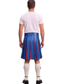 A man viewed from behind wearing a blue leather kilt with red pleated stripes, a white t-shirt, white knee-high socks, and black shoes, against a plain white background.