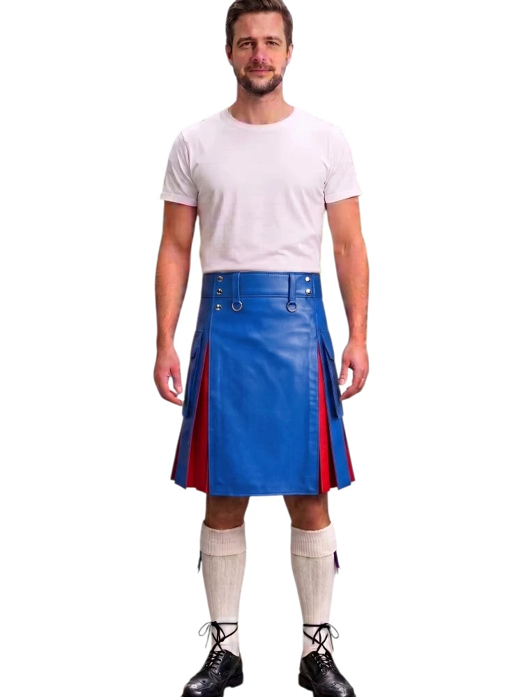 A man modeling a bright blue faux-leather kilt with red side panels and silver metal hardware, styled with a white t-shirt, cream knee-high socks, and black lace-up boots against a plain white background.