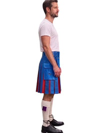 A man shown in profile wearing a blue and red kilt, a white t-shirt, white socks, and black shoes against a plain white background.