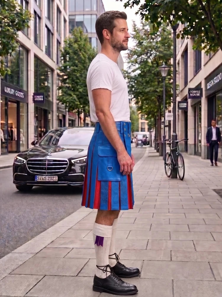 A man standing on a city sidewalk wearing a white t-shirt, a bright blue kilt with red pleats, white knee-high socks, and black leather shoes. The background shows a street with a black Mercedes-Benz car, storefronts, and a bicycle.