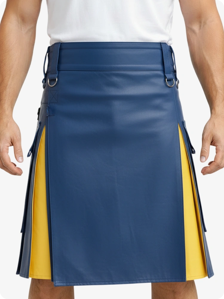 Standard Blue & Yellow Leather Utility Kilt with Cargo Pockets