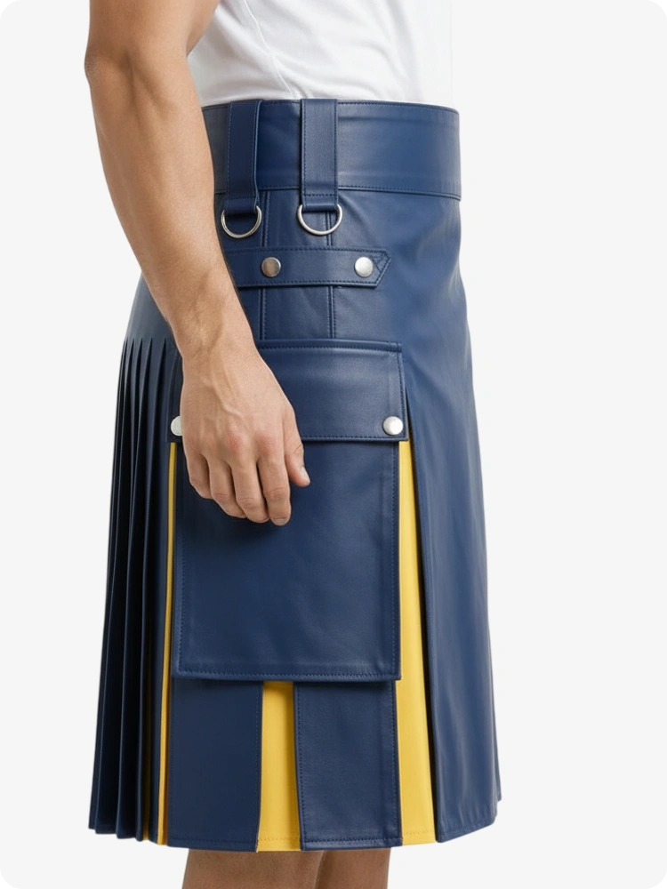 Standard Blue & Yellow Leather Utility Kilt with Cargo Pockets