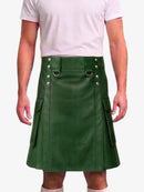 A man wearing a dark green faux-leather kilt with silver-tone metal hardware and side pockets, paired with a light pink t-shirt and white socks, shown against a plain white background.