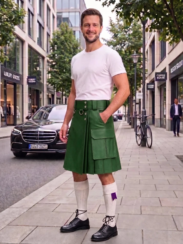 A man wearing a green leather kilt, white t-shirt, white knee-high socks, and black leather shoes stands on a city sidewalk.