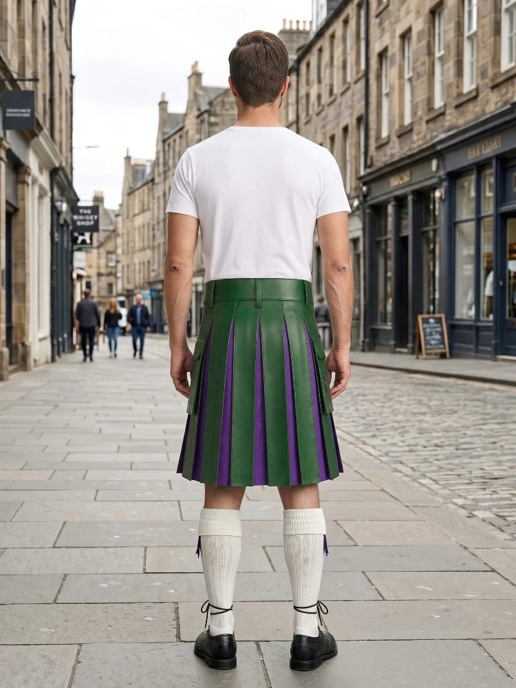 Standard Green Leather Kilt With Purple Pleats