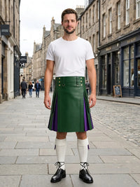Standard Green Leather Kilt With Purple Pleats Front Side