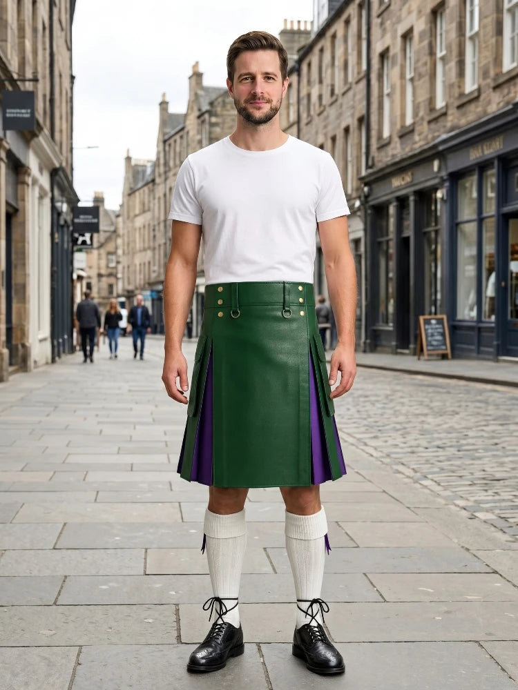 Standard Green Leather Kilt With Purple Pleats
