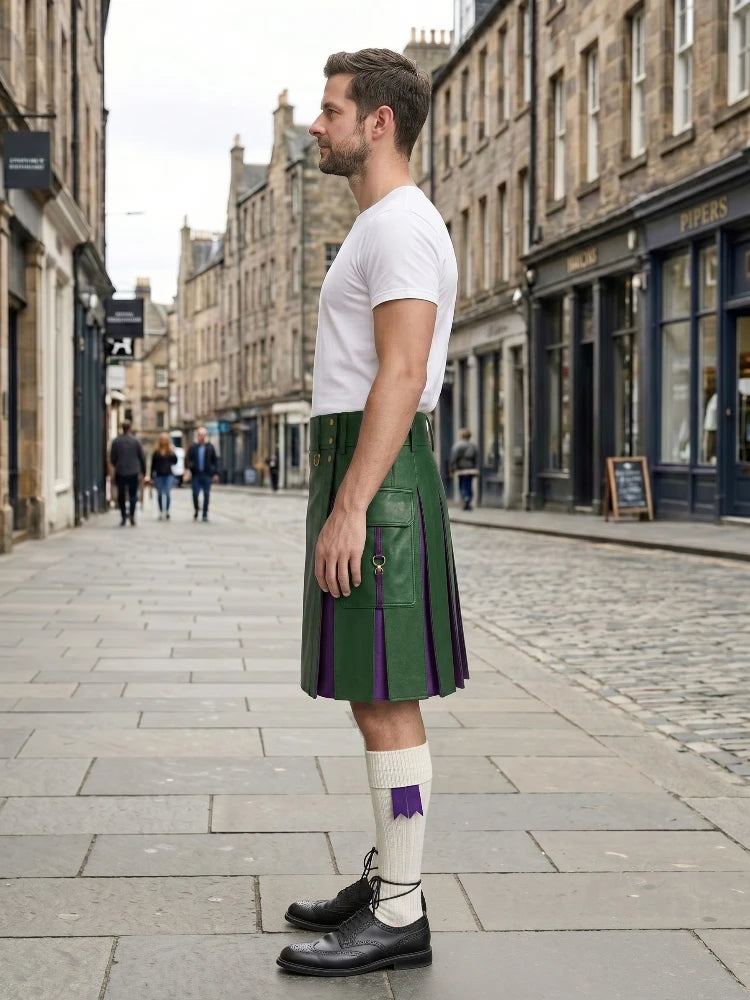 Standard Green Leather Kilt With Purple Pleats Left Side