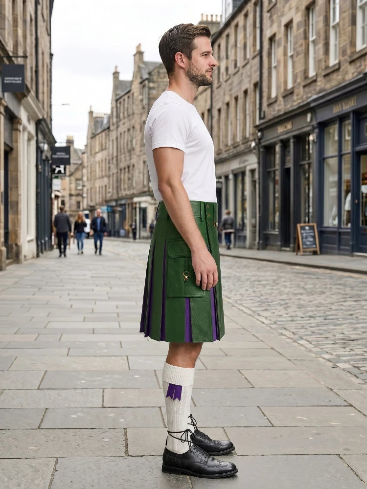 Standard Green Leather Kilt With Purple Pleats Right Side