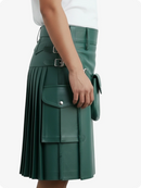 Green pleated skirt with silver buckles on a white background