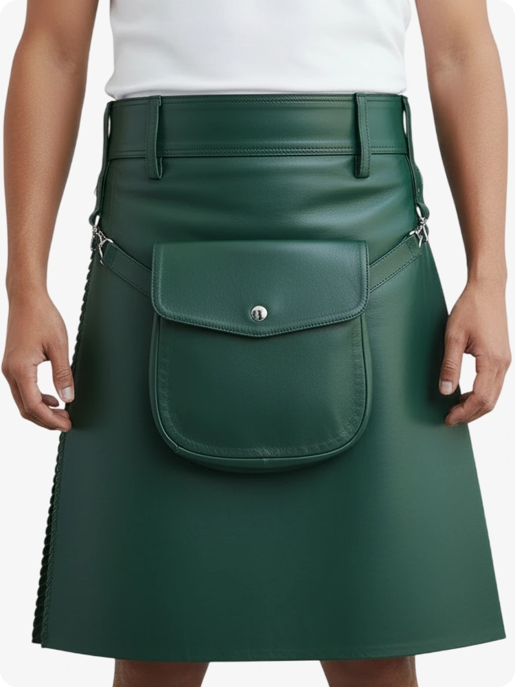 Standard Green Leather Pleated Kilt with Belt Loops & Side Straps