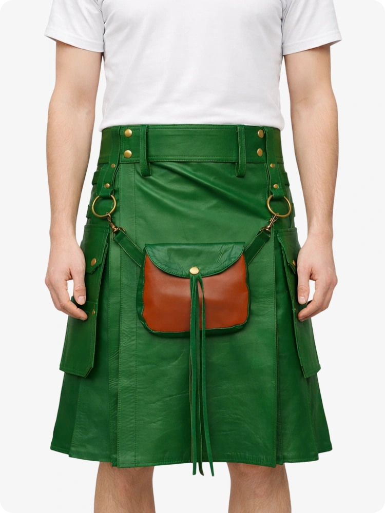 Standard Green leather skirt with brown leather pouch on a white background