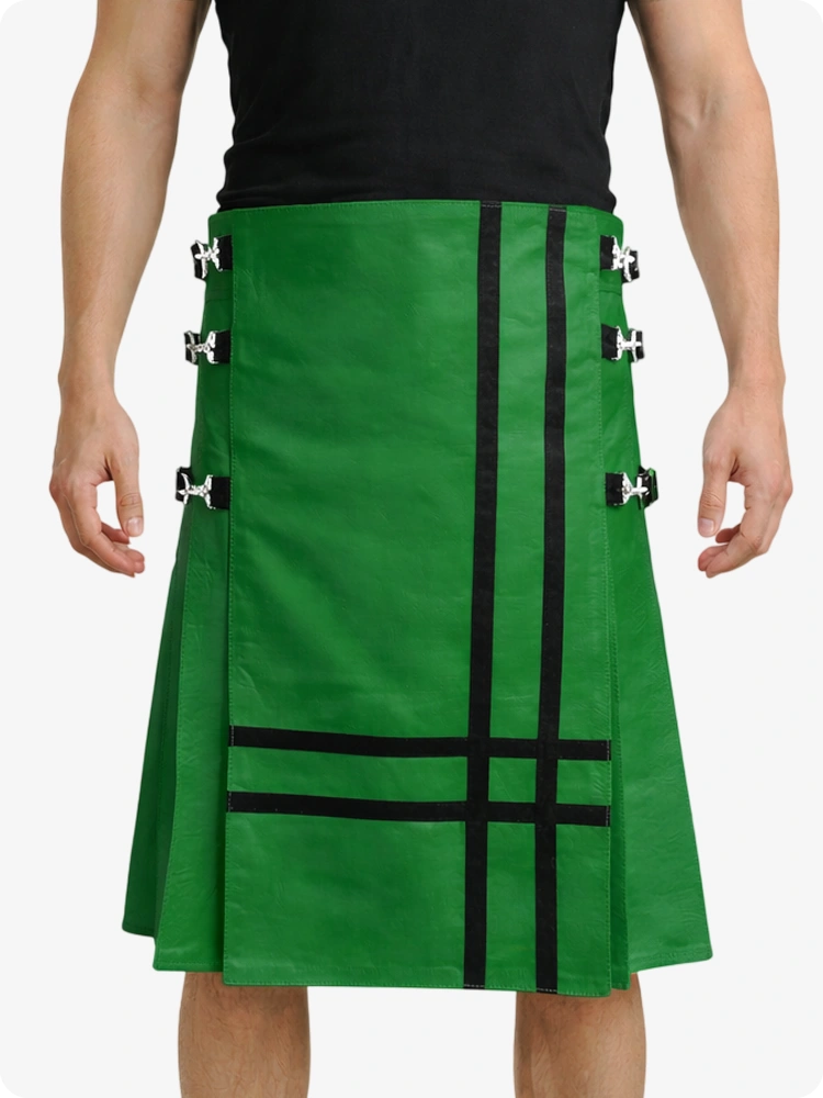 Standard Green Leather Utility Kilt with Side Buckles & Pleated Back