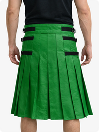 Standard Green pleated kilt with black straps on a white background