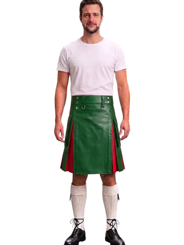 A man modeling a green leather kilt with red side panels, paired with a white t-shirt, white knee-high socks, and black lace-up boots, against a plain white background.
