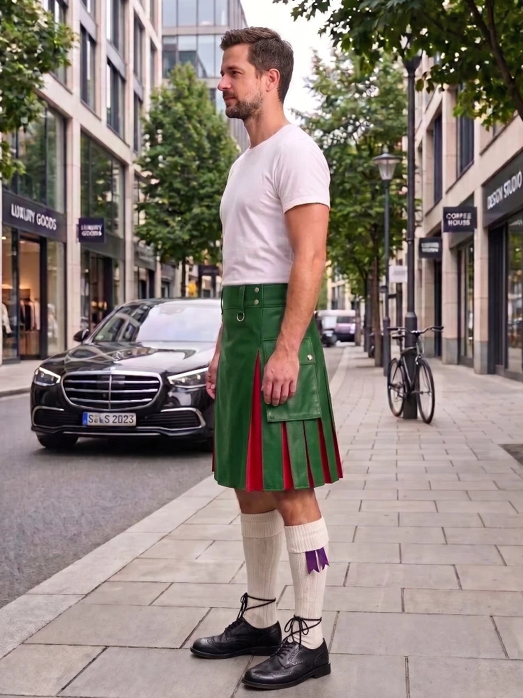 A man wearing a black leather kilt with red pleats, a white t-shirt, white knee-high socks, and black leather shoes stands on a city sidewalk next to a street with cars and trees.