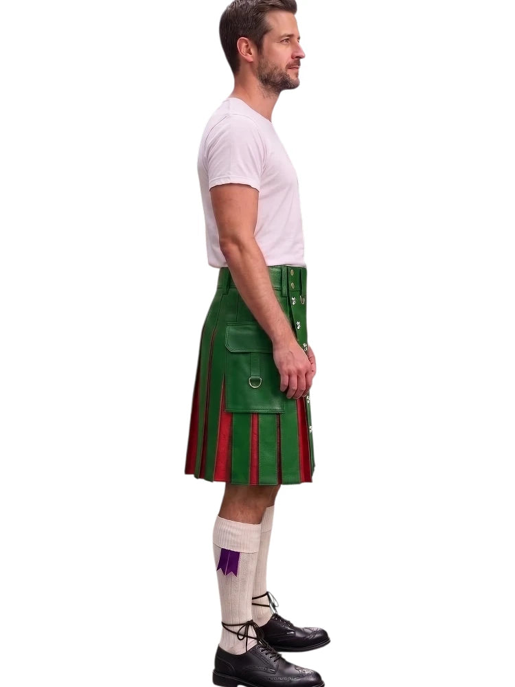 A man shown in profile wearing a green kilt with red and white striped pleats, a white t-shirt, white socks, and black shoes, against a plain white background.