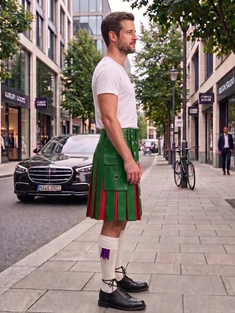 A man standing on a city sidewalk wearing a green kilt with red stripes, a white t-shirt, white socks, and black shoes. Buildings, trees, and parked cars are visible in the background.