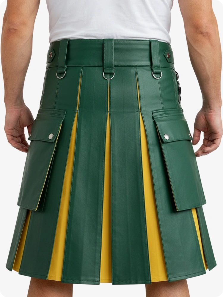 Green and yellow pleated kilt worn by a person on a white background