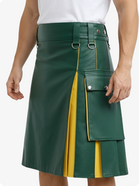 Green and yellow skirt worn by a person on a white background
