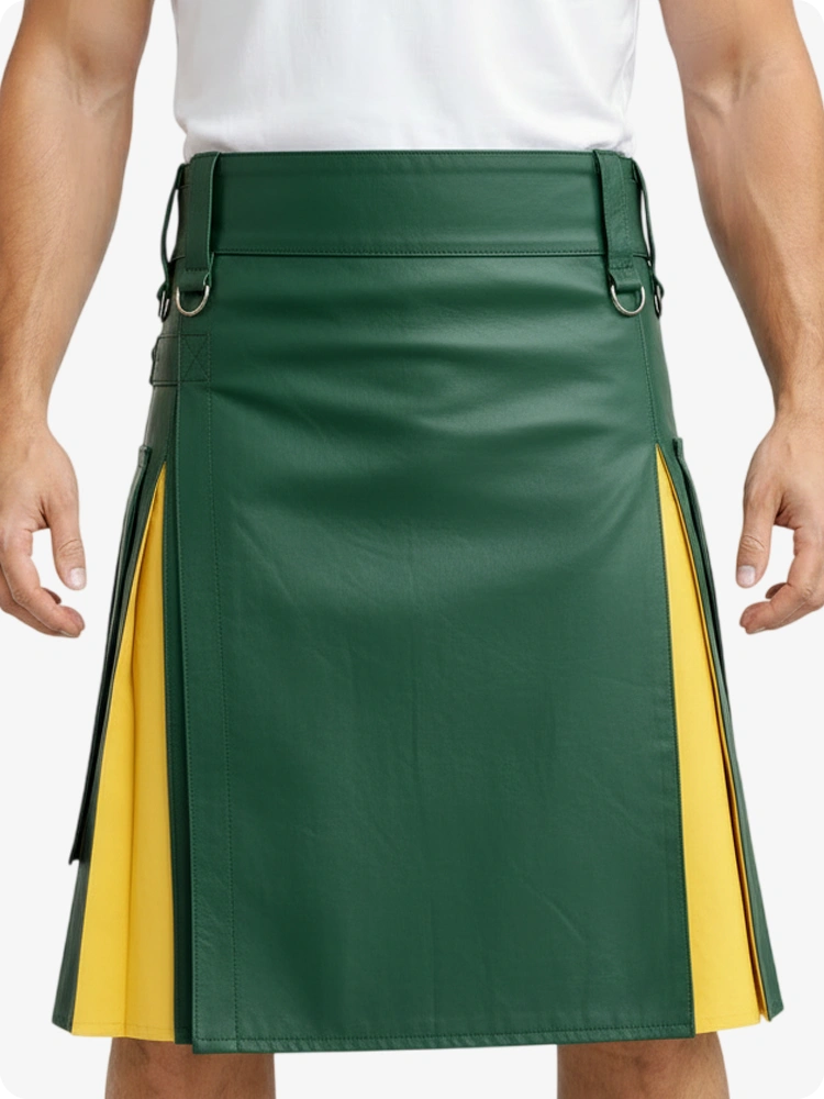 Standard Green & Yellow Leather Utility Kilt with Cargo Pockets