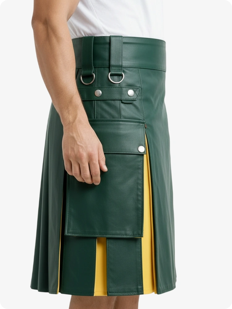 Standard Green & Yellow Leather Utility Kilt with Cargo Pockets