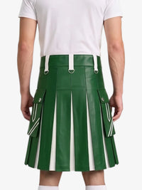 A green faux leather pleated kilt with white vertical stripe details and white belt loops, shown on a model from the back wearing a white t-shirt.