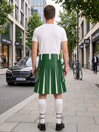 A man stands on a city sidewalk facing away from the camera, wearing a white T-shirt and a green pleated kilt with white vertical stripes, white knee-high socks, and black shoes. Buildings, trees, a black car, and a bicycle are visible in the urban street setting.