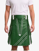 A green faux-leather kilt with white contrast stitching and silver-tone hardware, modeled with a white t-shirt against a light gray background.