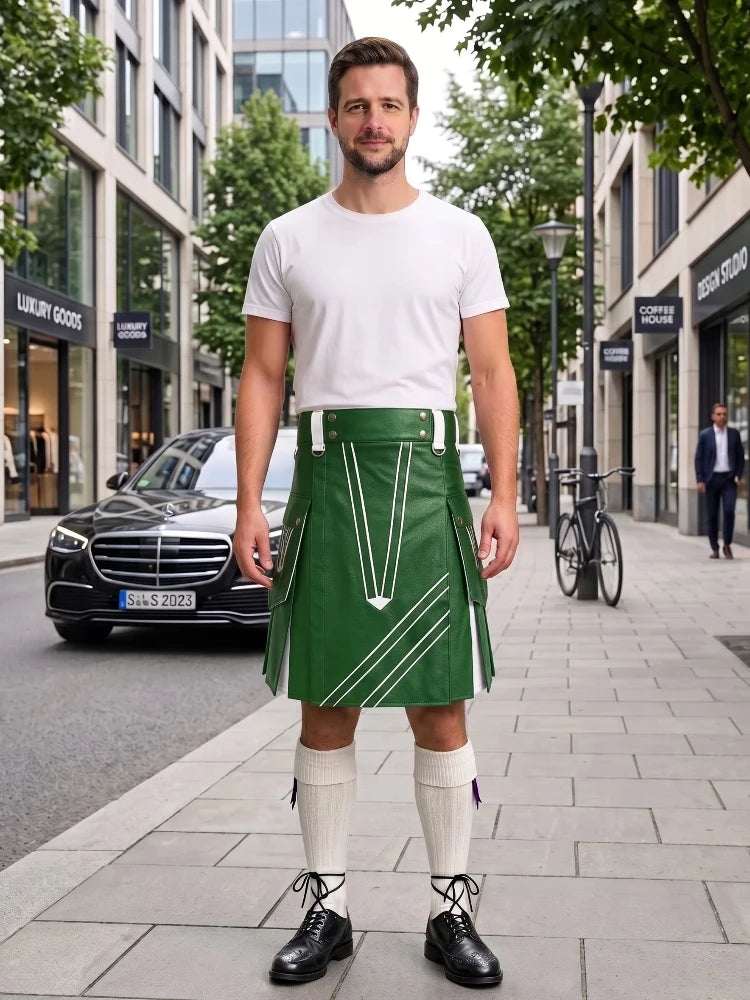 A man stands on a city sidewalk wearing a green kilt with white geometric stripe details, a white t-shirt, white knee-high socks, and black leather shoes. The background shows a blurred street scene with buildings, a black Mercedes-Benz car, and a bicycle.