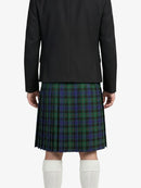 Person wearing a black jacket and green plaid kilt on a white background