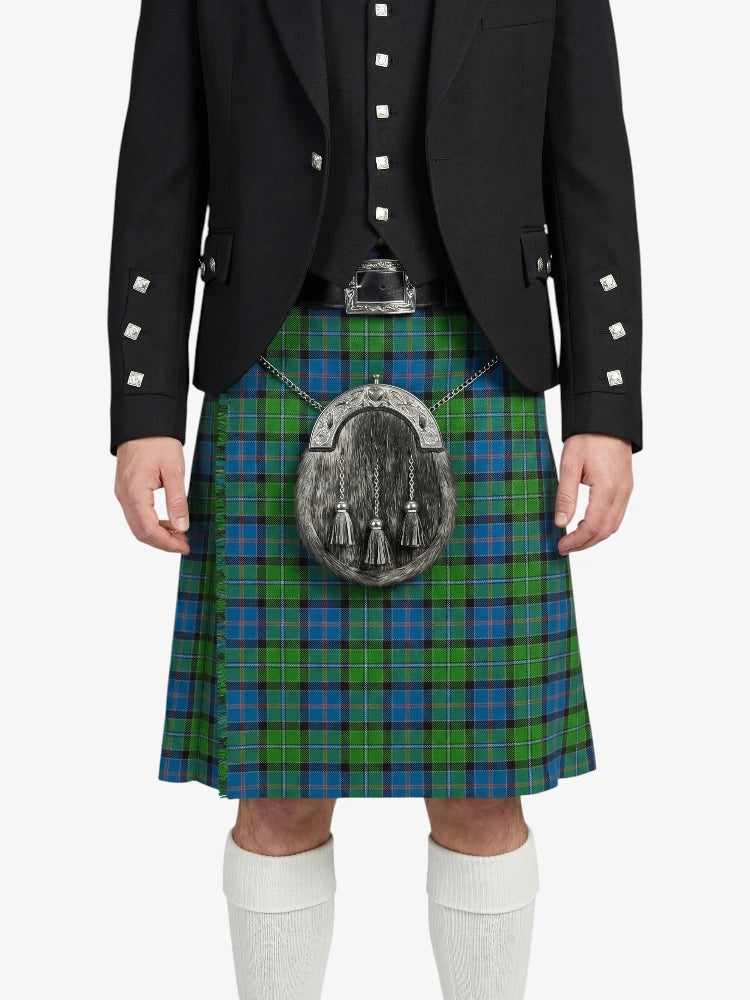 Person wearing a black jacket and green plaid kilt with a silver sporran on a white background