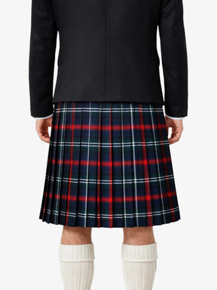 Person wearing a black jacket and plaid kilt  on a white background