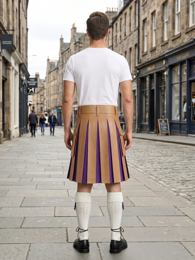 Tan Leather Kilt With Purple Pleats