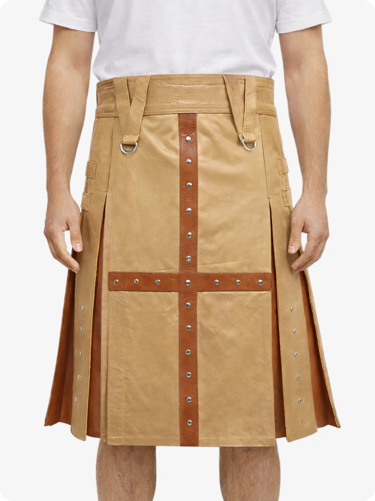 Tan Leather Utility Kilt with Brown Cross Panel & Metal Rivet Detailing