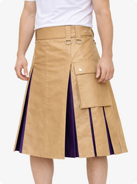 Tan skirt with purple accents worn by a person on a white background