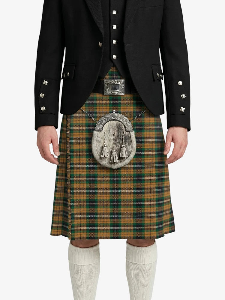 Person wearing a traditional Scottish kilt with a tartan pattern on a white background