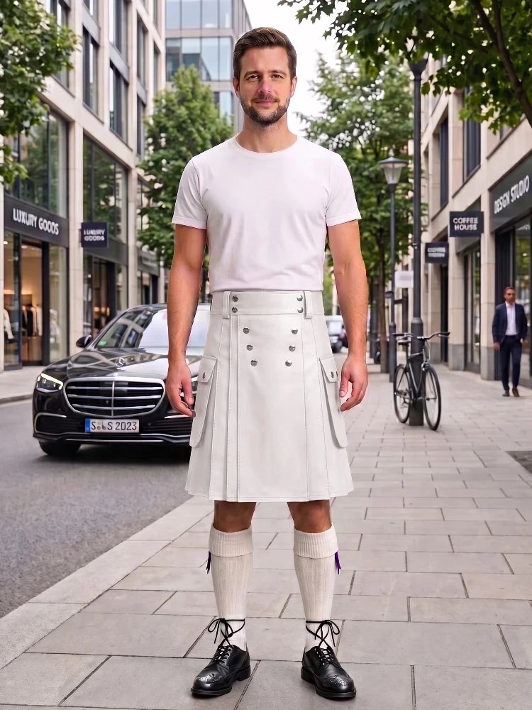 White Cow Leather Utility Kilts for Men