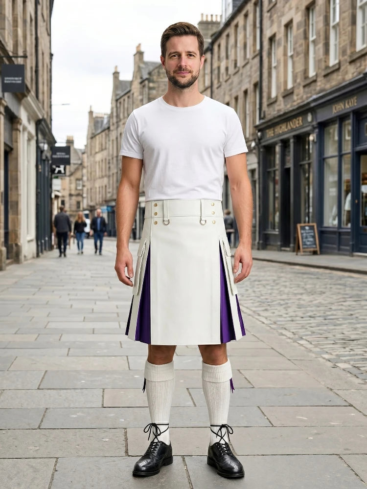 White Leather Kilt With Purple Pleats