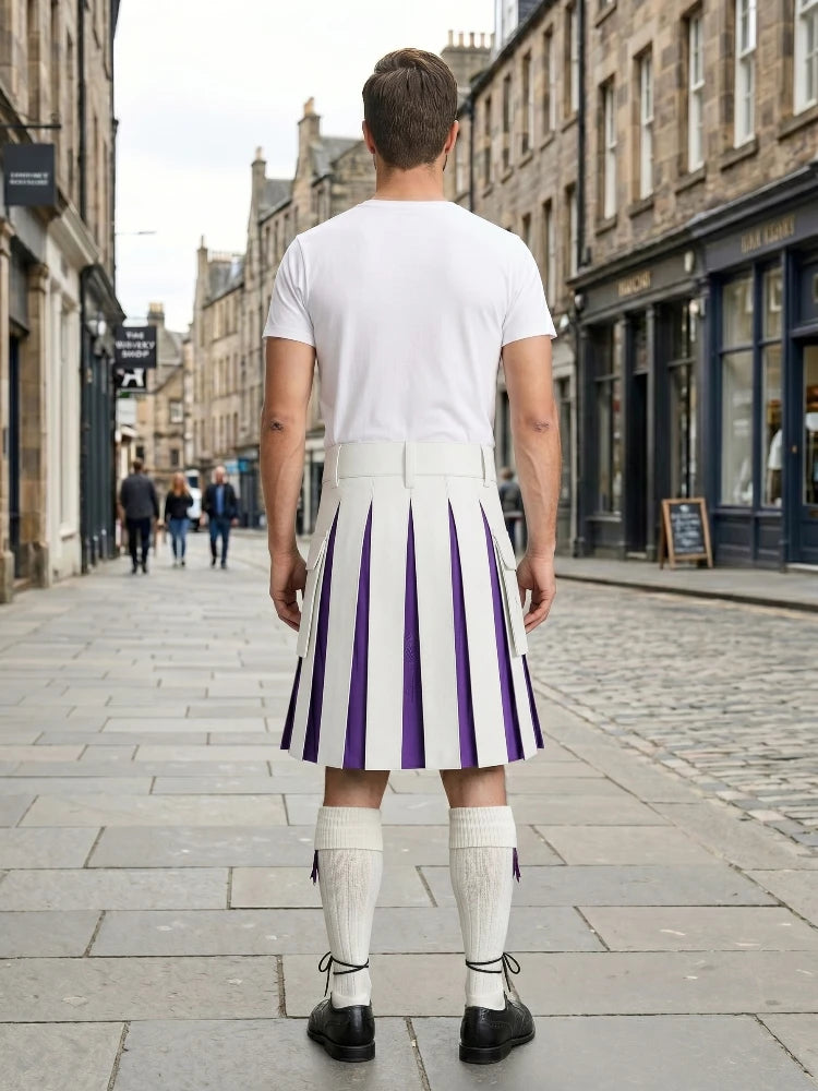 White Leather Kilt With Purple Pleats