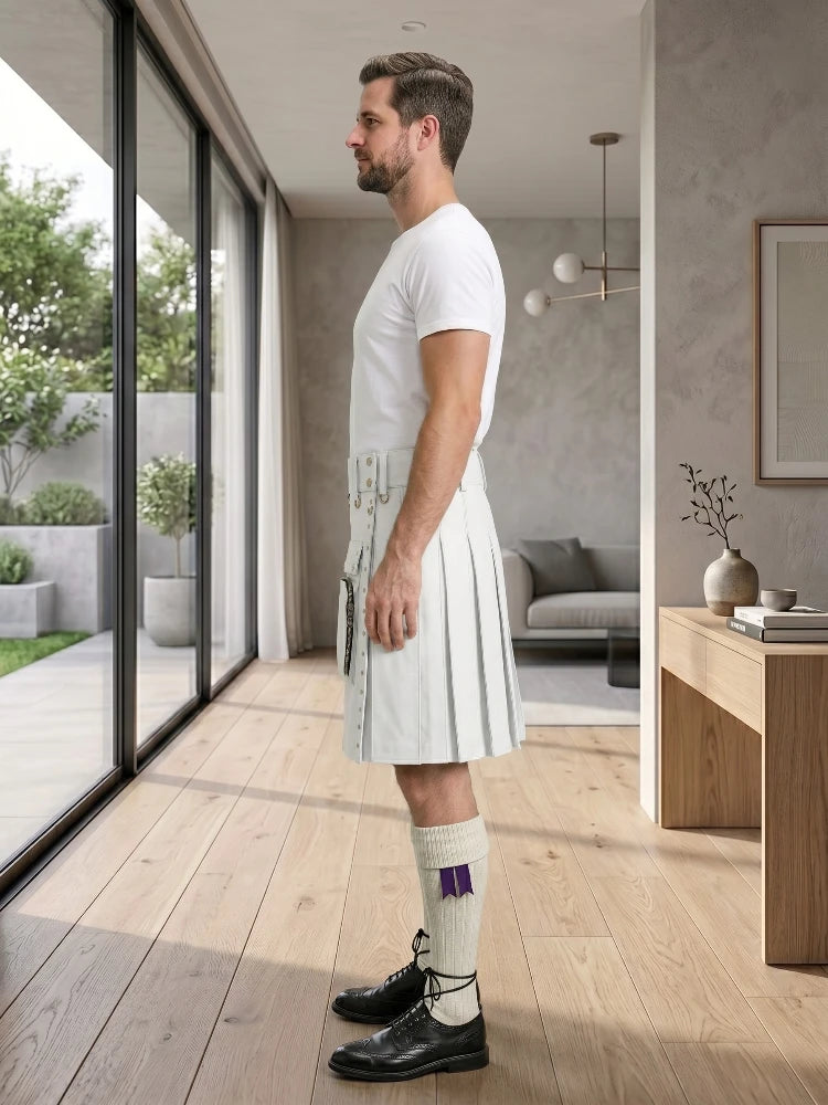White Leather Utility Kilt Left Side