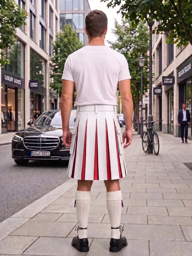White With Red Cowhide Leather Hybrid Utility Kilt
