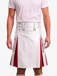 A man wearing a white kilt with red side panels and silver metal hardware, paired with a light pink t-shirt, shown from the chest down against a light gray background.