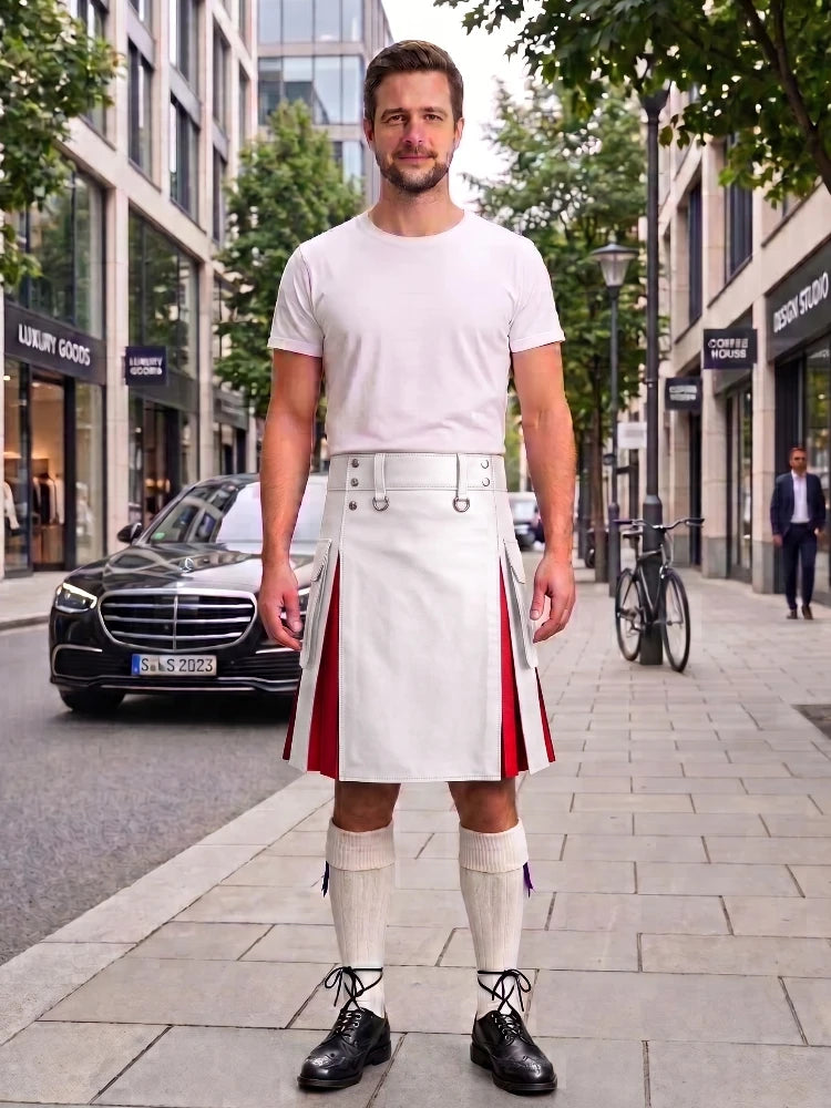 White With Red Cowhide Leather Hybrid Utility Kilt