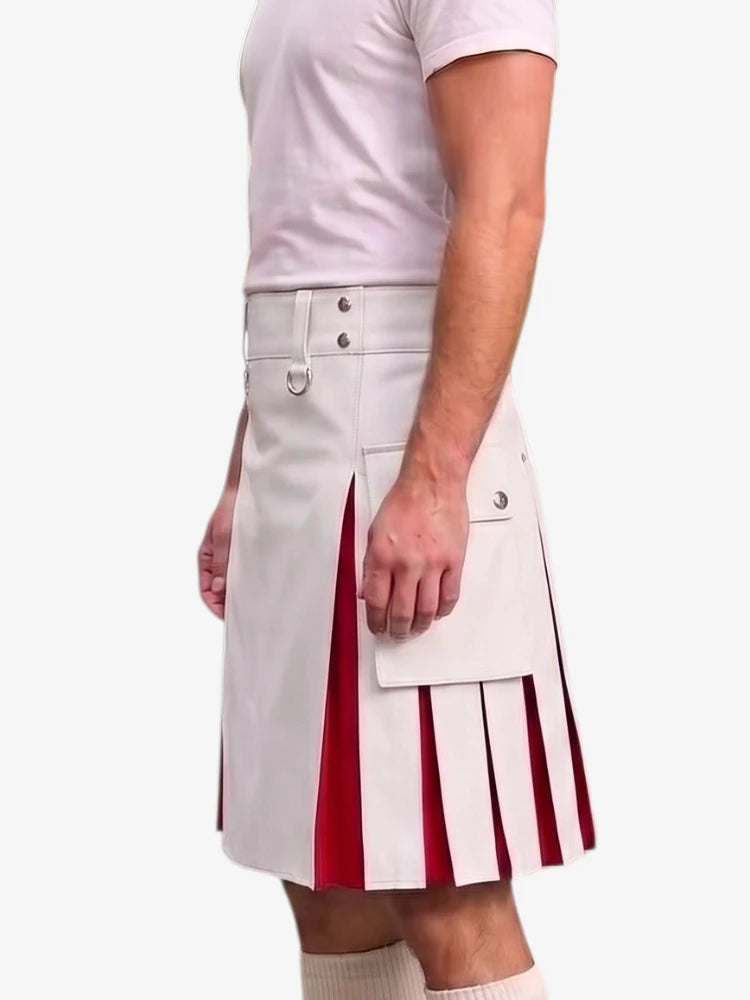 A man wearing a white kilt with red pleated side panels, paired with a white t-shirt and white socks, shown from the chest down against a light gray background.