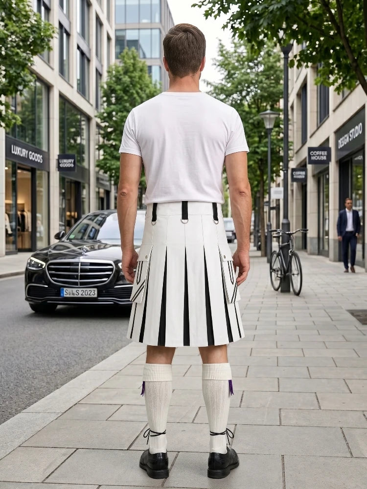 White and Black Leather Hybrid Utility Kilt