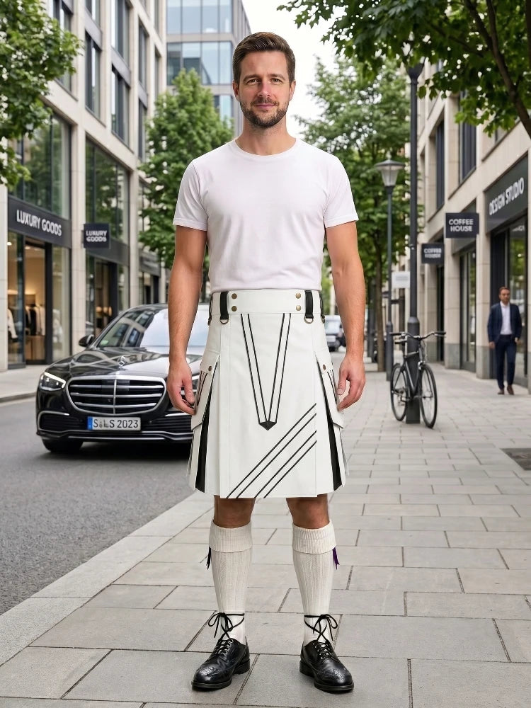 White and Black Leather Hybrid Utility Kilt