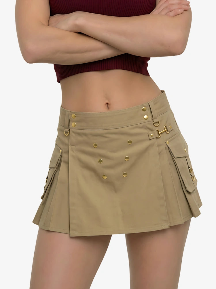 Women Khaki Utility Kilt With Gold Button