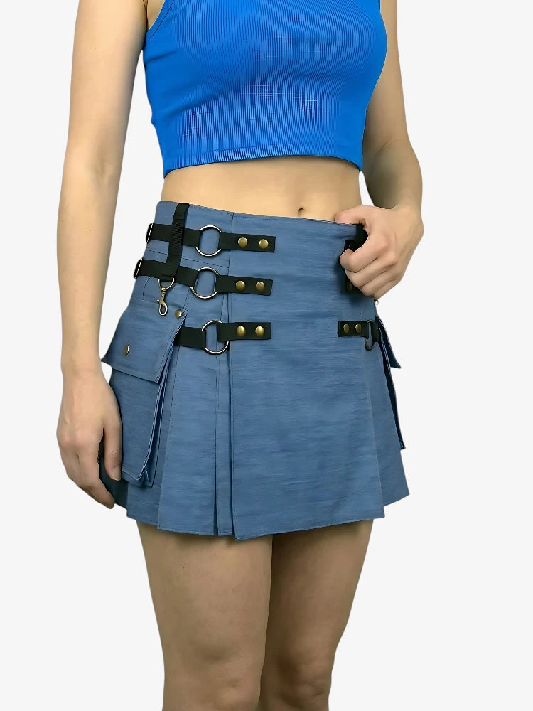 Women Adjustable Strap Blue Denim Kilt
